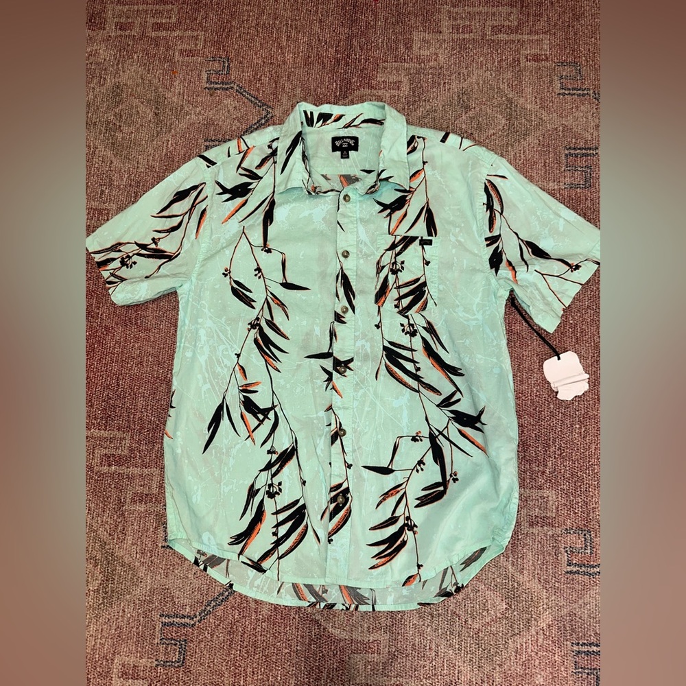 Billabong men’s small cotton/viscose leaf print sea foam button down shirt NWT